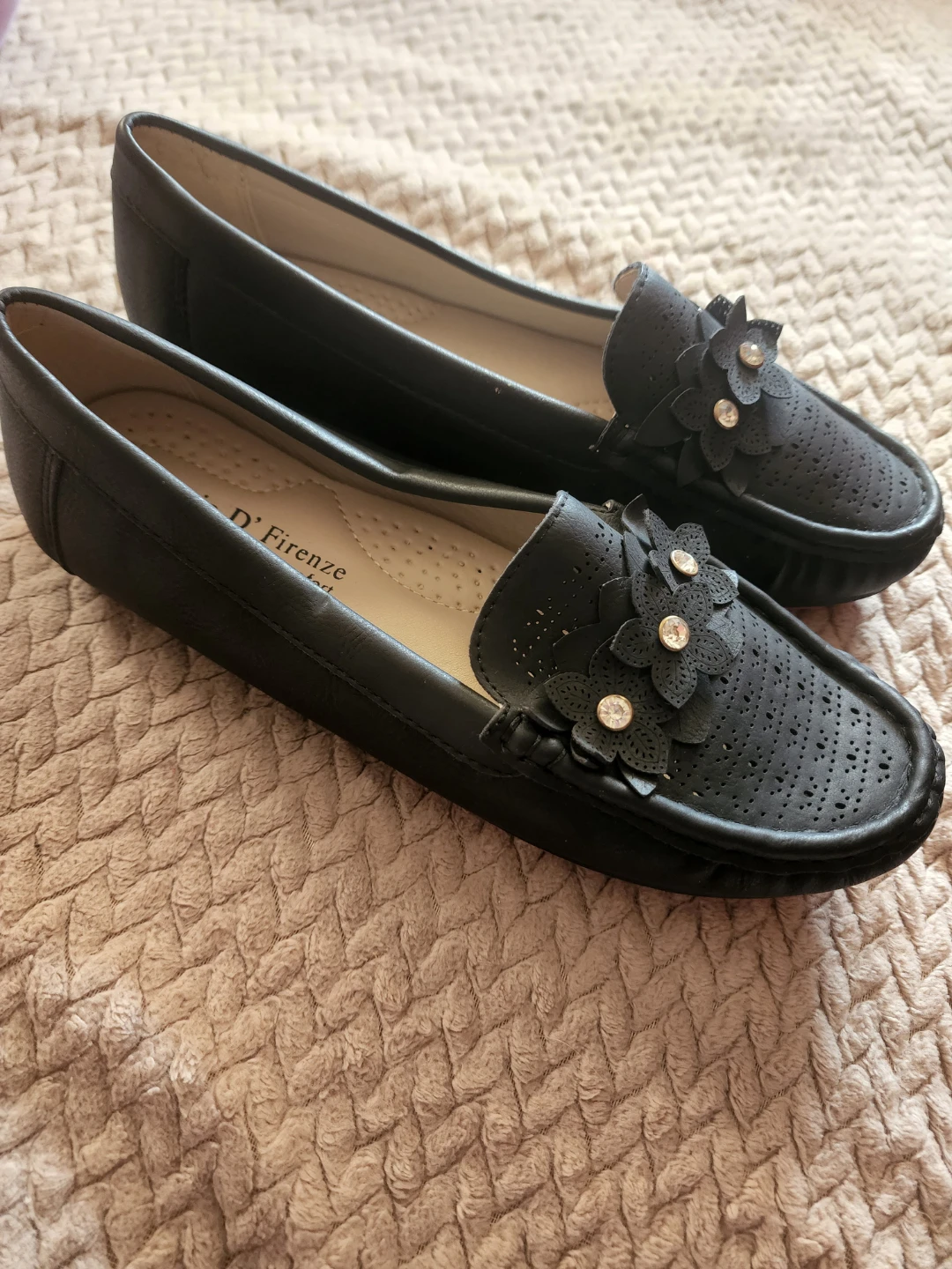 D' Firenze Black Perforated Loafers with Flower Detail