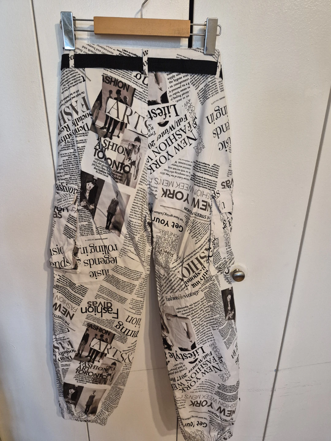 White Newspaper Print Cargo Pants(worn once) - photo 2
