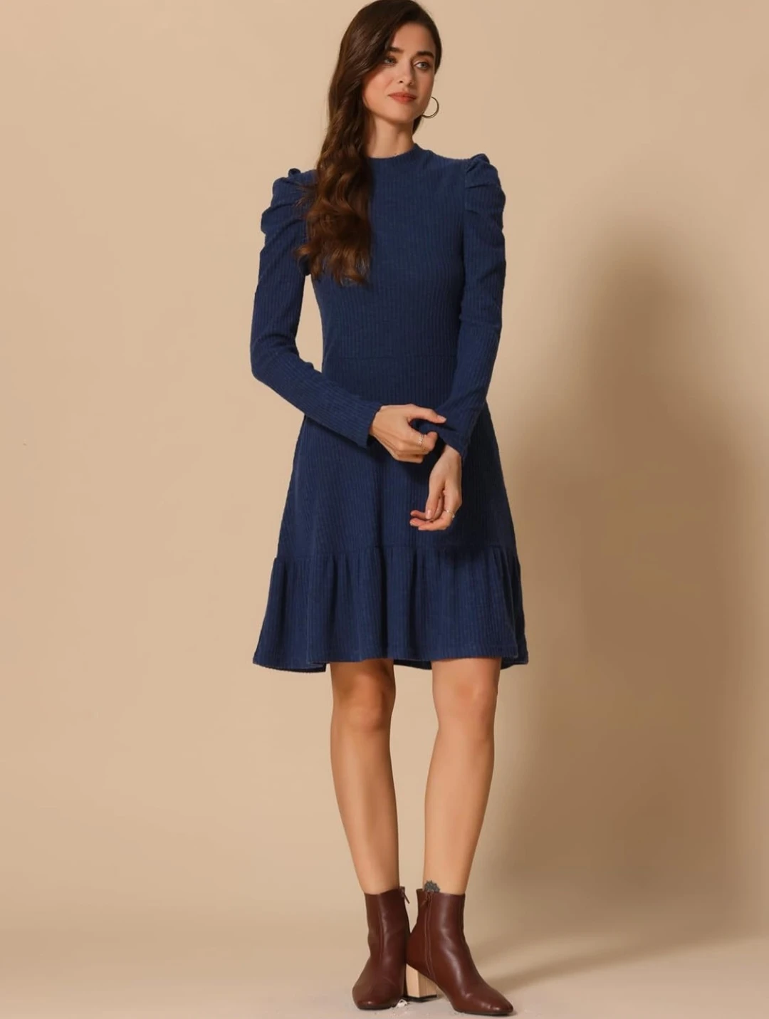 Navy Blue Ribbed Dress with Puff Sleeves