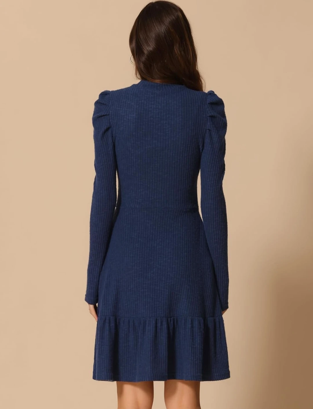 Navy Blue Ribbed Dress with Puff Sleeves - photo 4