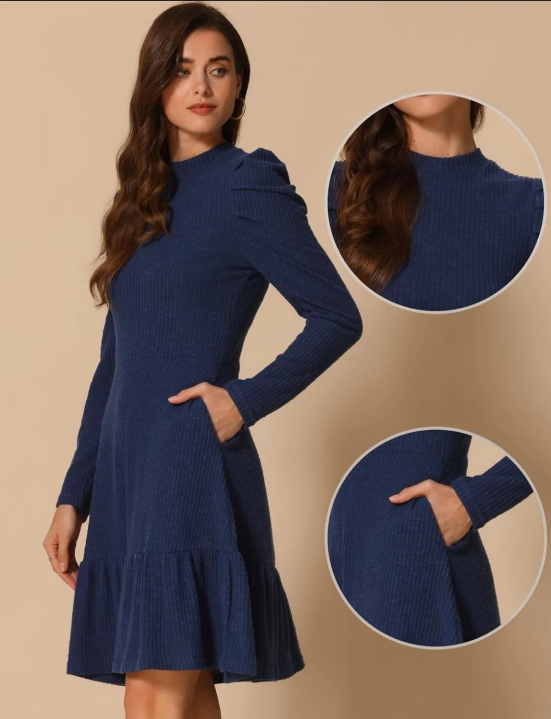 Navy Blue Ribbed Dress with Puff Sleeves - photo 5