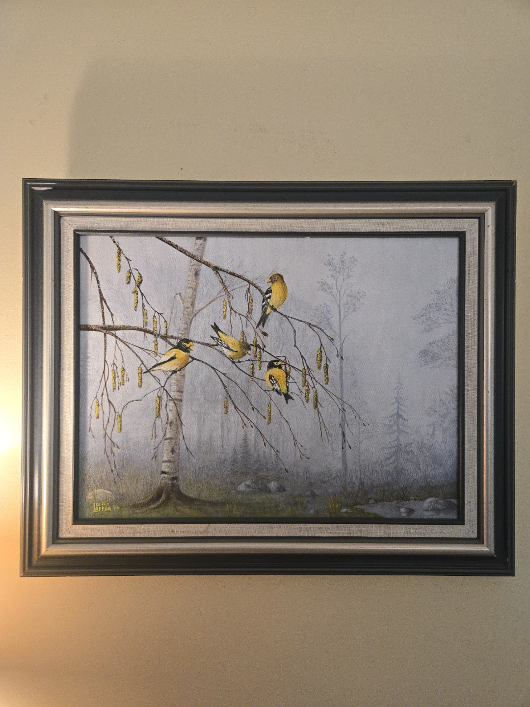 Framed Painting of Goldfinches on a Birch Tree