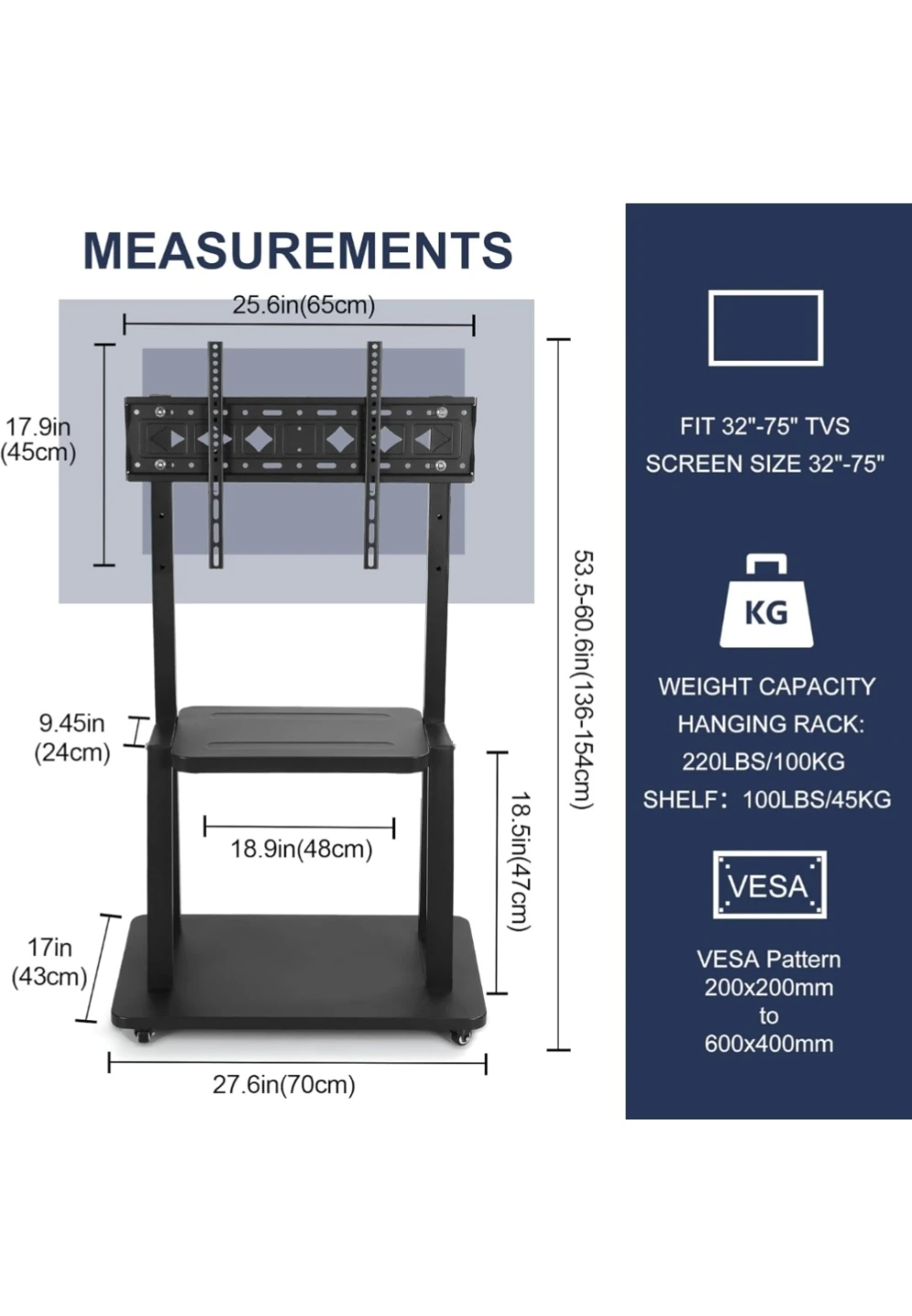 MOVING SALE- Rolling TV Stand with Wheels for 32-75 Inch TVs - photo 4