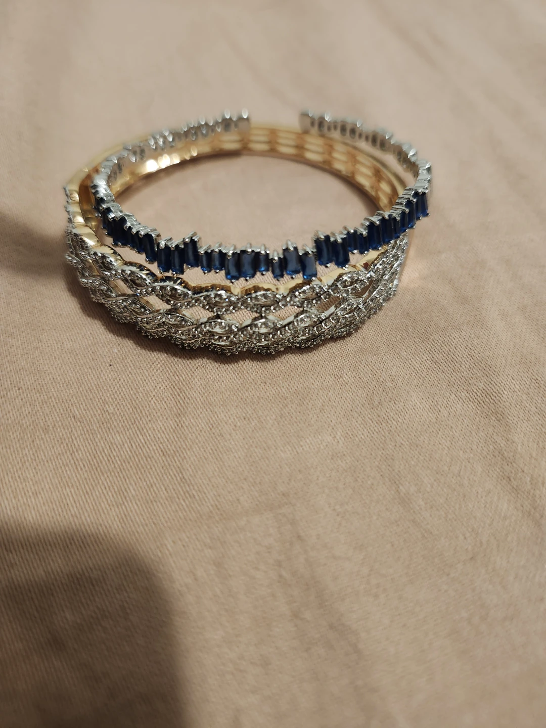 2 Brscelette cuffs  - Gold, Silver with Blue Stones