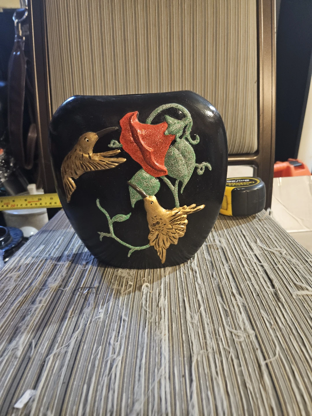Black Vase with Hummingbird and Flower Design - photo 2