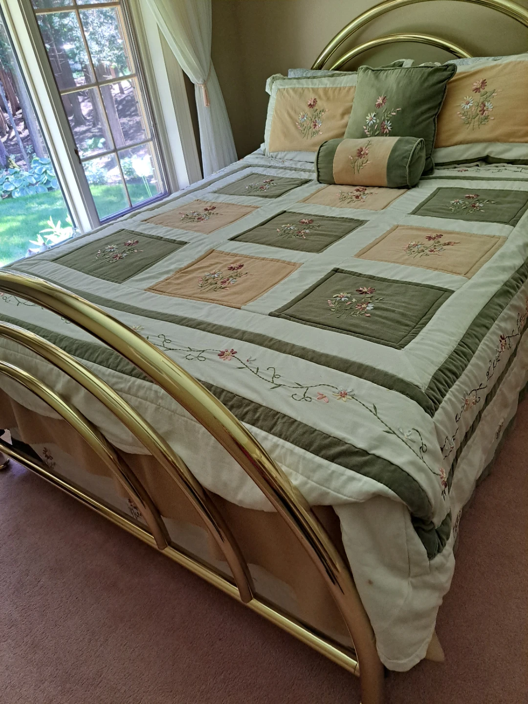BRASS QUEEN SIZE BED with bedspread & shams & throw cushions