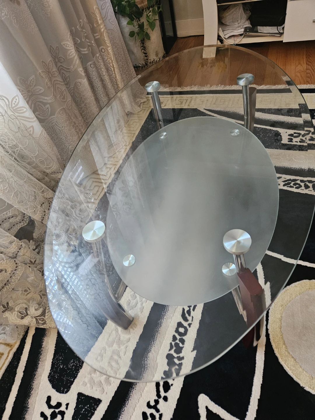 Oval Glass Coffee Table with Wooden Accents - photo 2