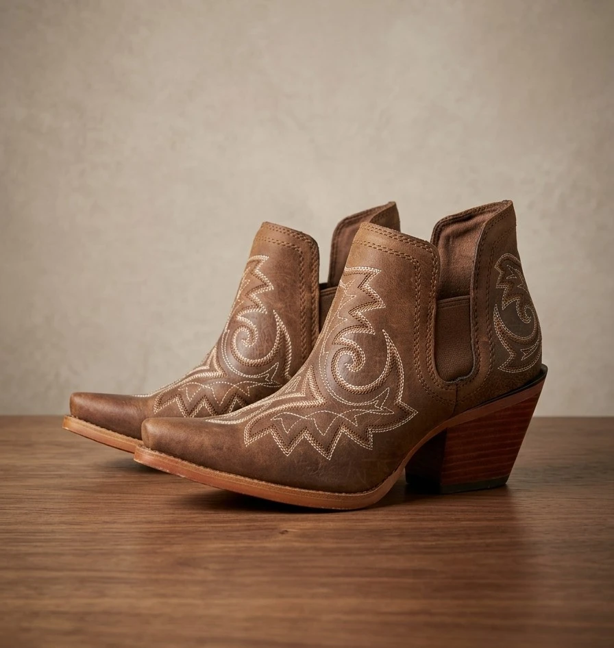 Brown Western Ankle Boots with Stitching