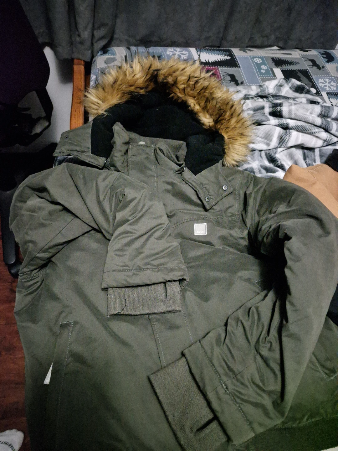Men's Olive Green Parka Jacket with Fur Hood