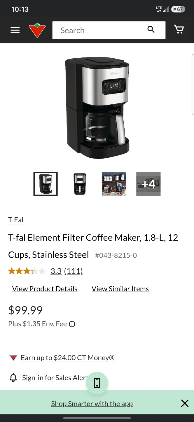 T-fal Element Filter Coffee Maker, 1.8-L, Stainless Steel - photo 2