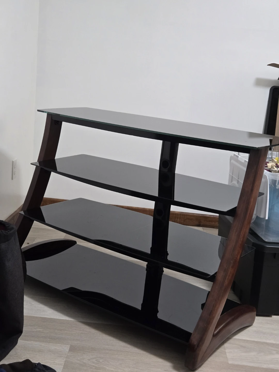 Three Tier Black Glass and Wood/Metal TV Stand