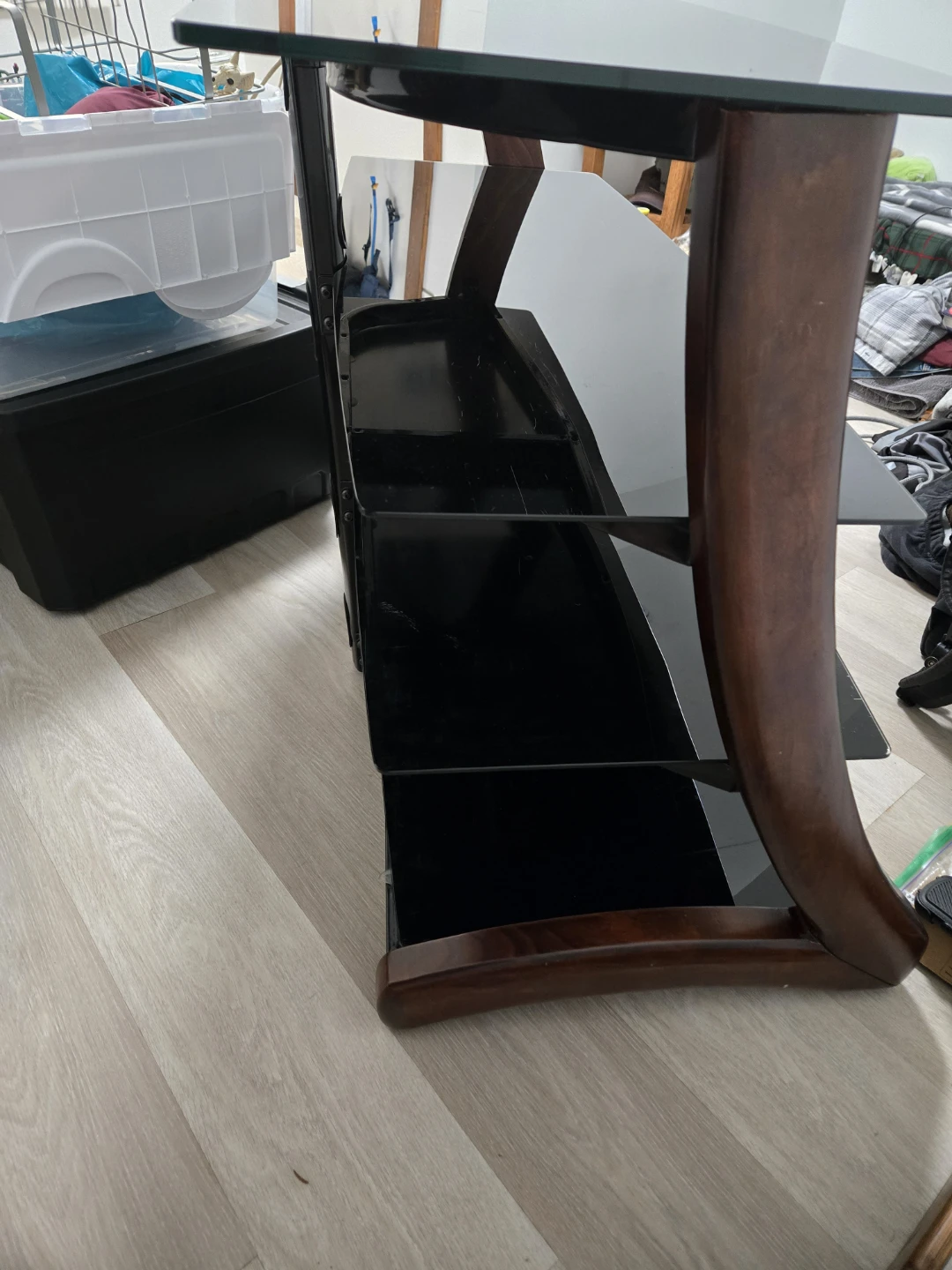 Three Tier Black Glass and Wood/Metal TV Stand - photo 2