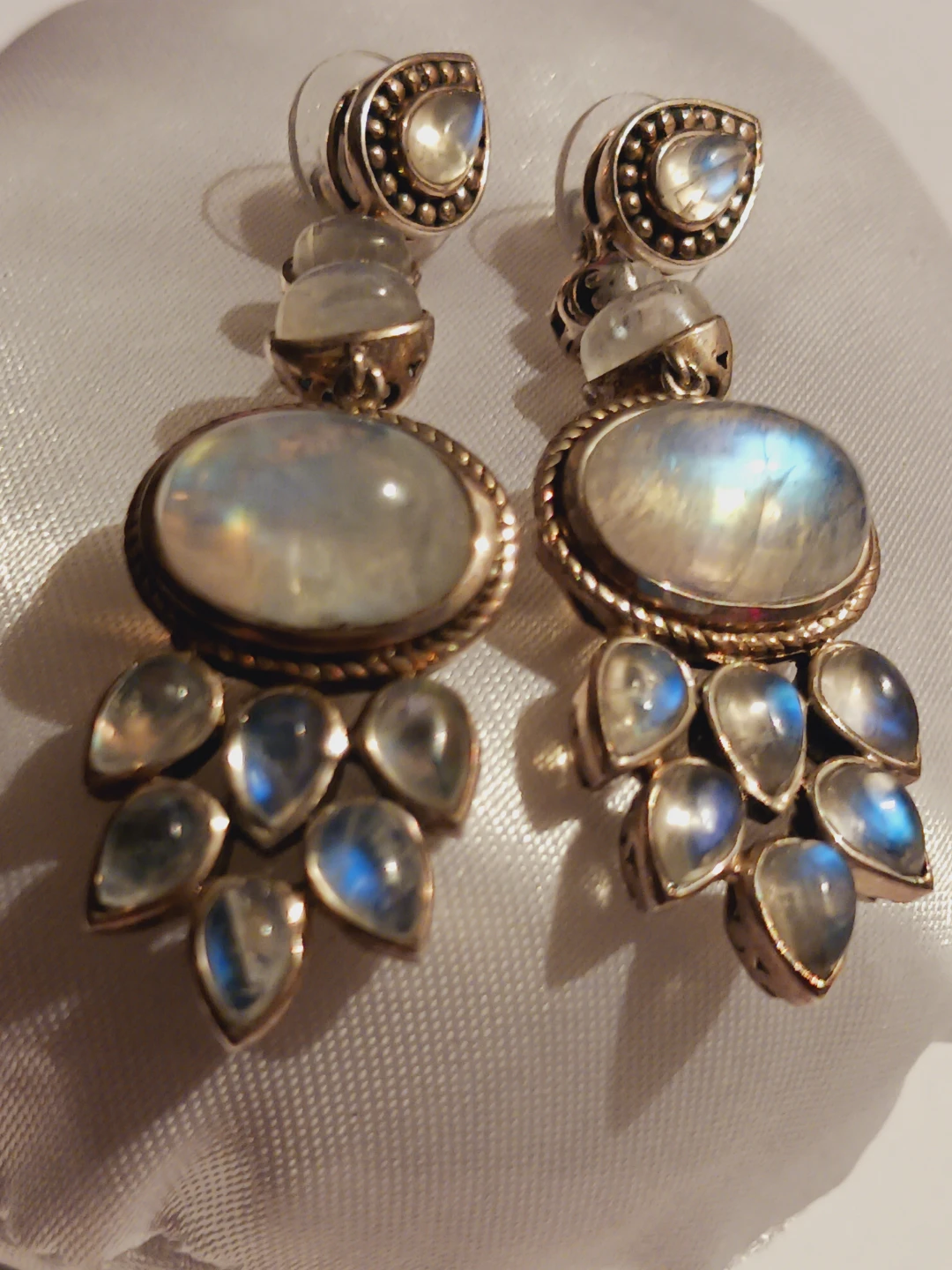 Stunning Sterling Silver 925 Rainbow Moonstone Dangle Earrings - photo 2