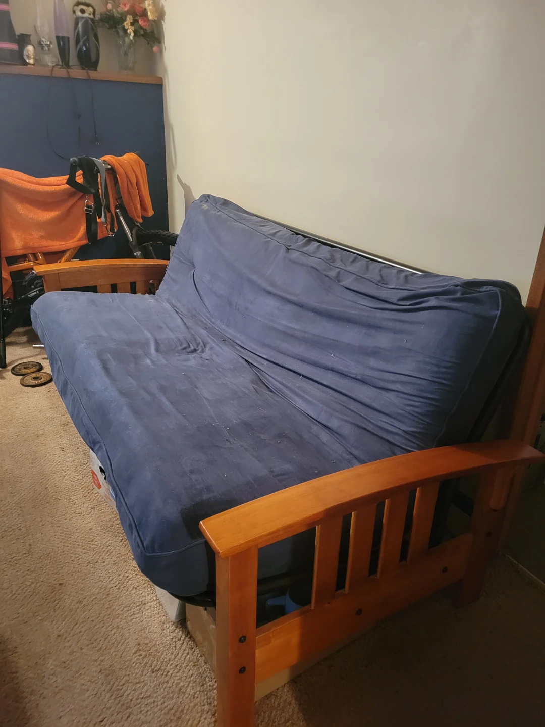 Blue Futon with Wooden Frame