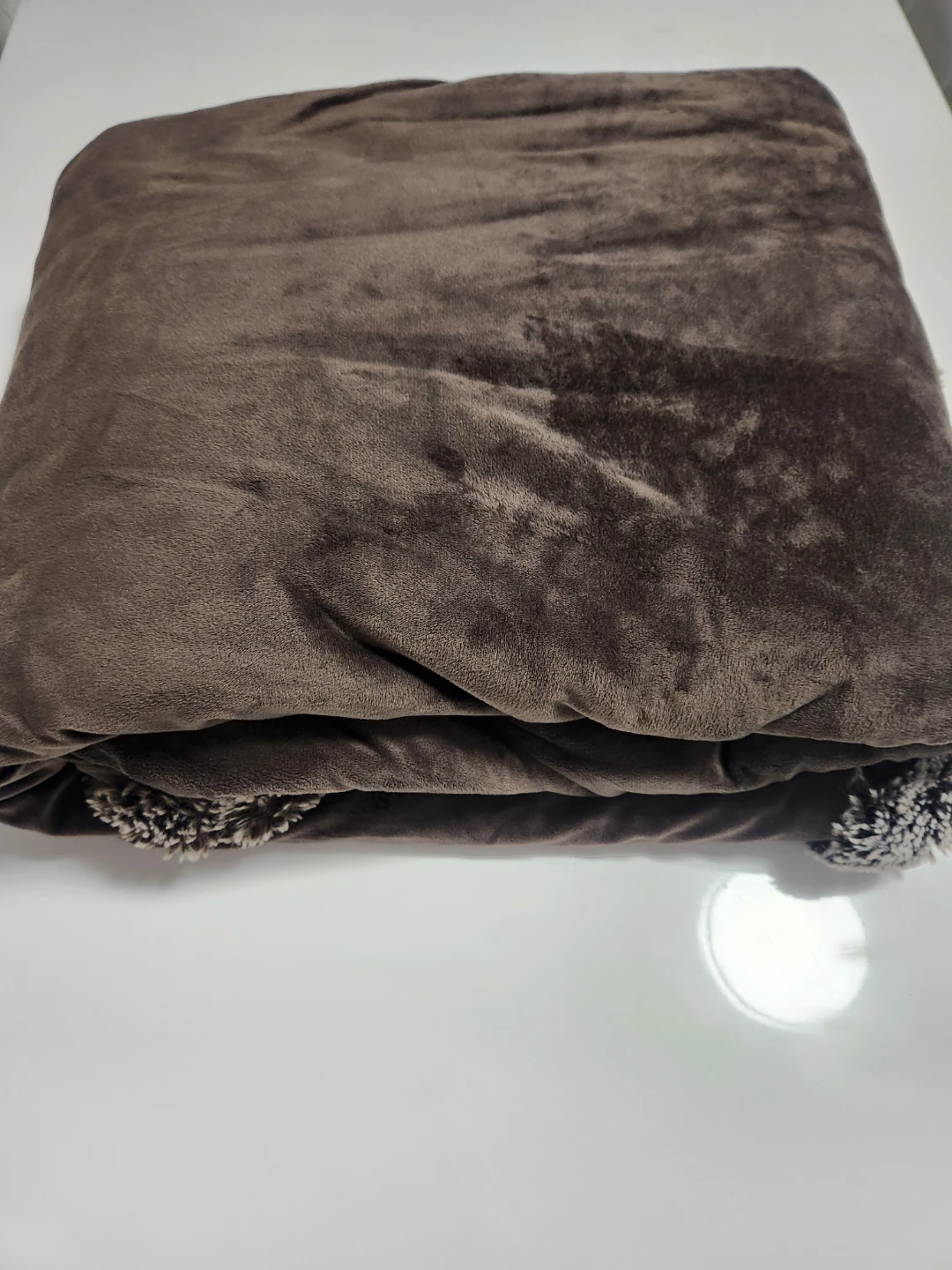 Brown Faux Fur Throw Blanket with Pom Poms