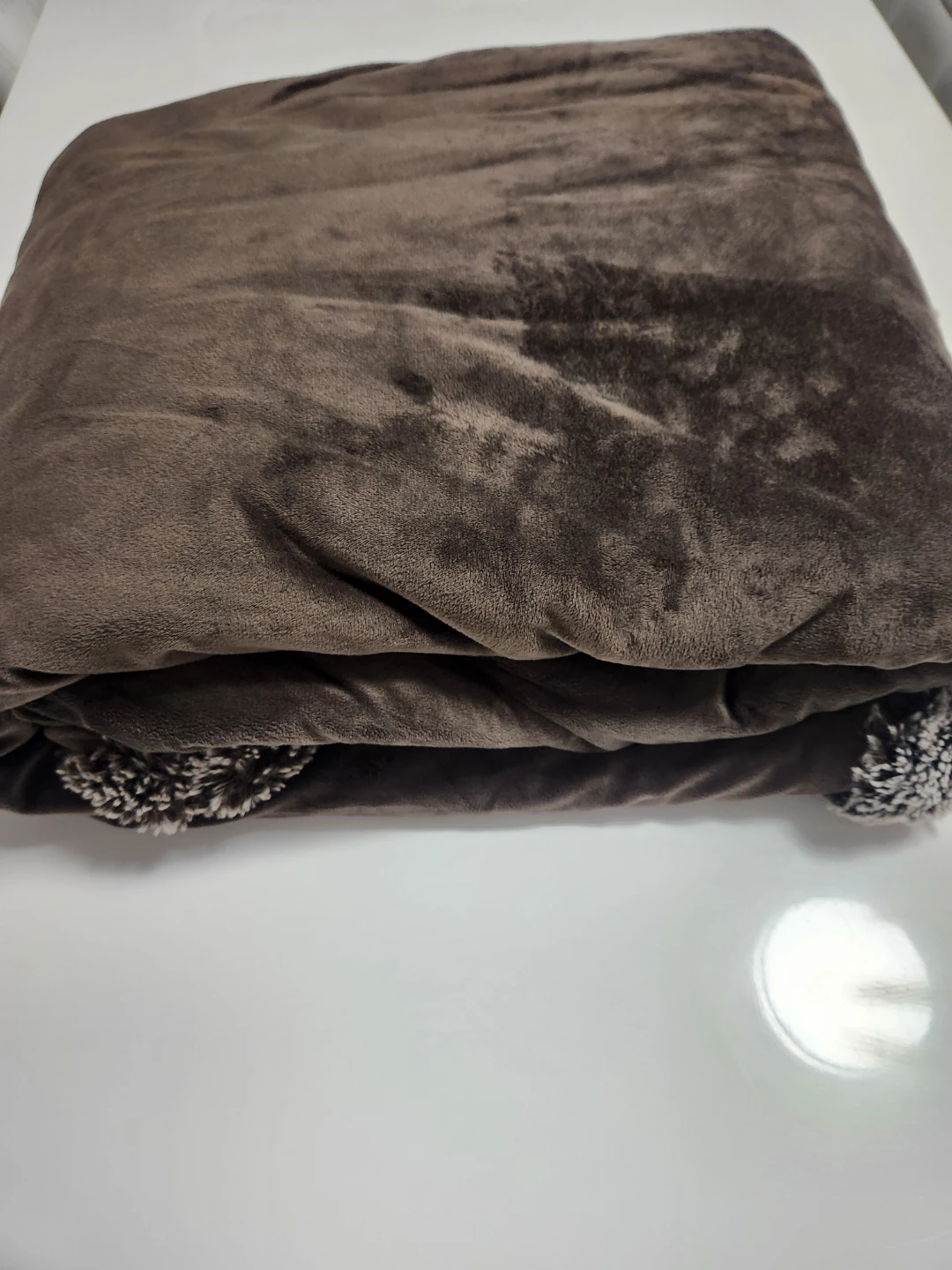 Brown Faux Fur Throw Blanket with Pom Poms - photo 2