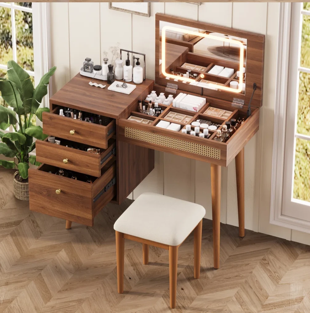 39" Vanity Desk With Flip-Up Led Mirror And 3 Drawers