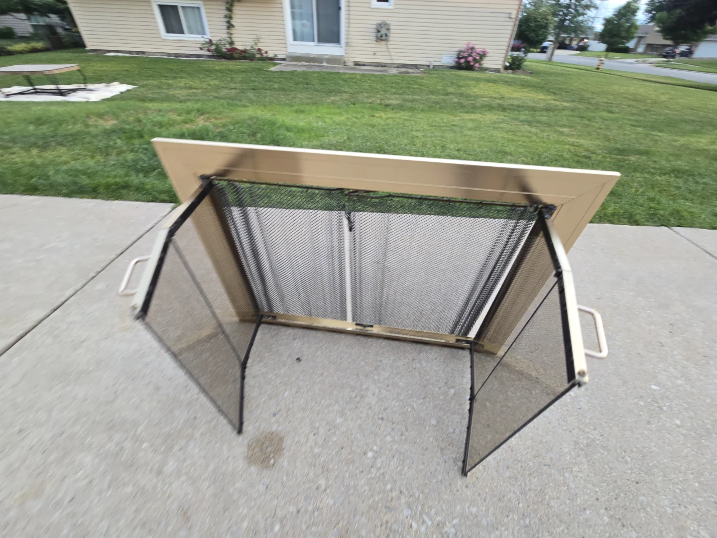Brass fireplace frame with mesh screen and glass doors