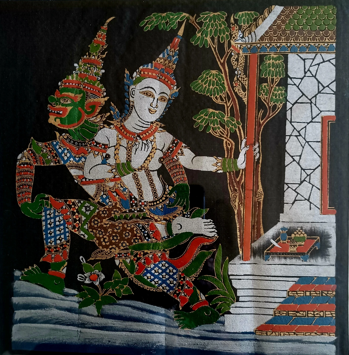 Thai Ramayana Hand Painted Silk Art