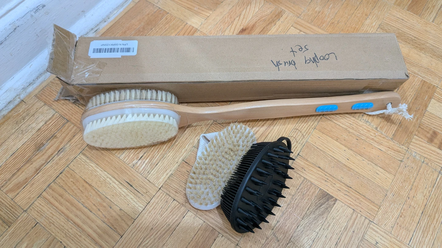 NEW Set of 3 Dry Body Brushes, Shower Massage Bath Brush Bamboo - photo 2