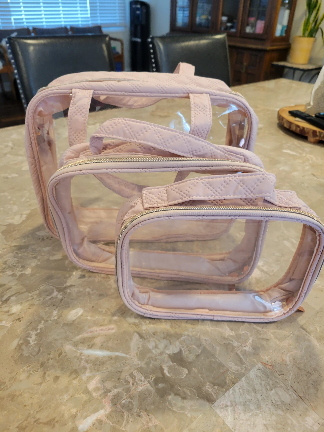 Pink Quilted Clear Cosmetic Bag Set