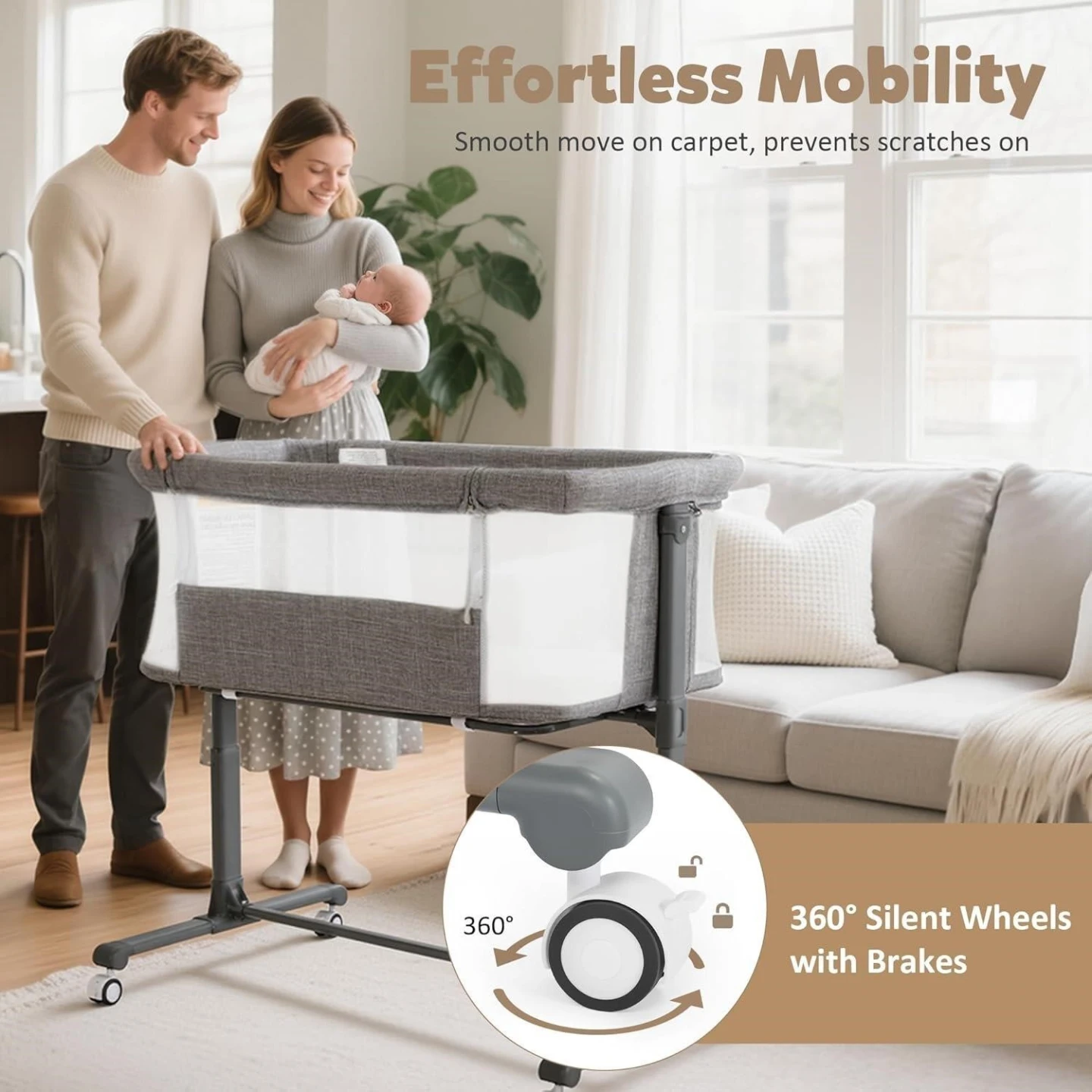 Grey Bassinet with 360 Silent Wheels - photo 3