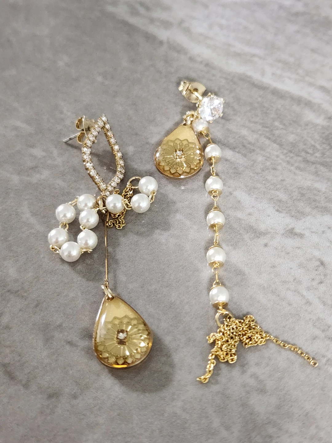 Gold Tone Asymmetrical Pearl Drop Earrings