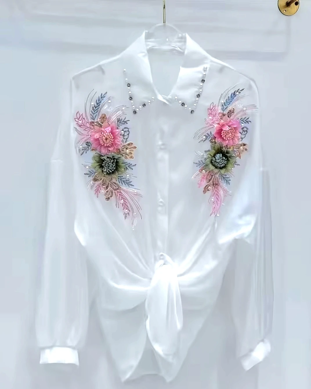 White Embellished Button-Up Shirt with Floral Detail - photo 2