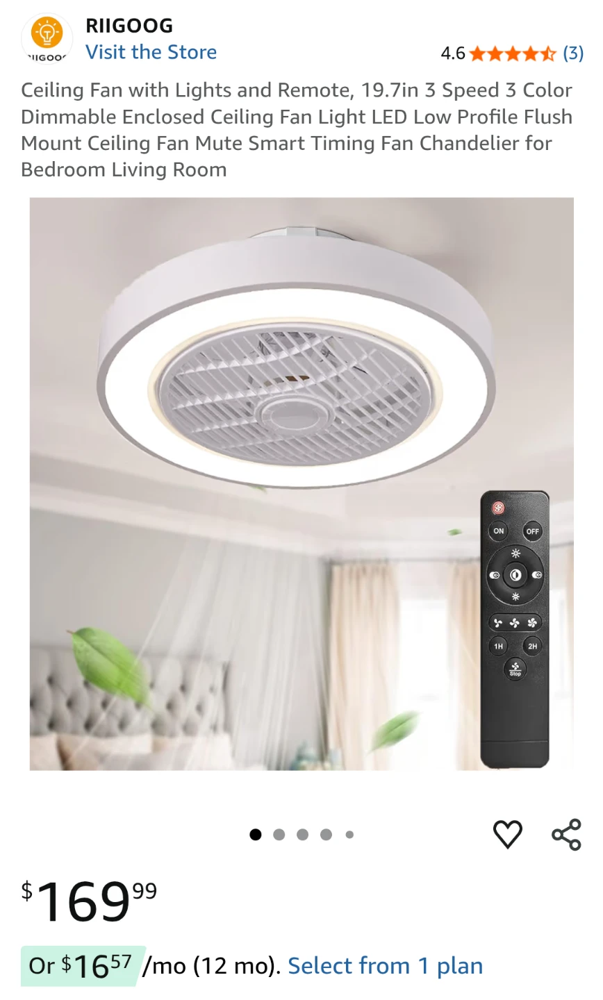 RIIGOOOG Modern Ceiling Fan with Lights and Remote 19.7"