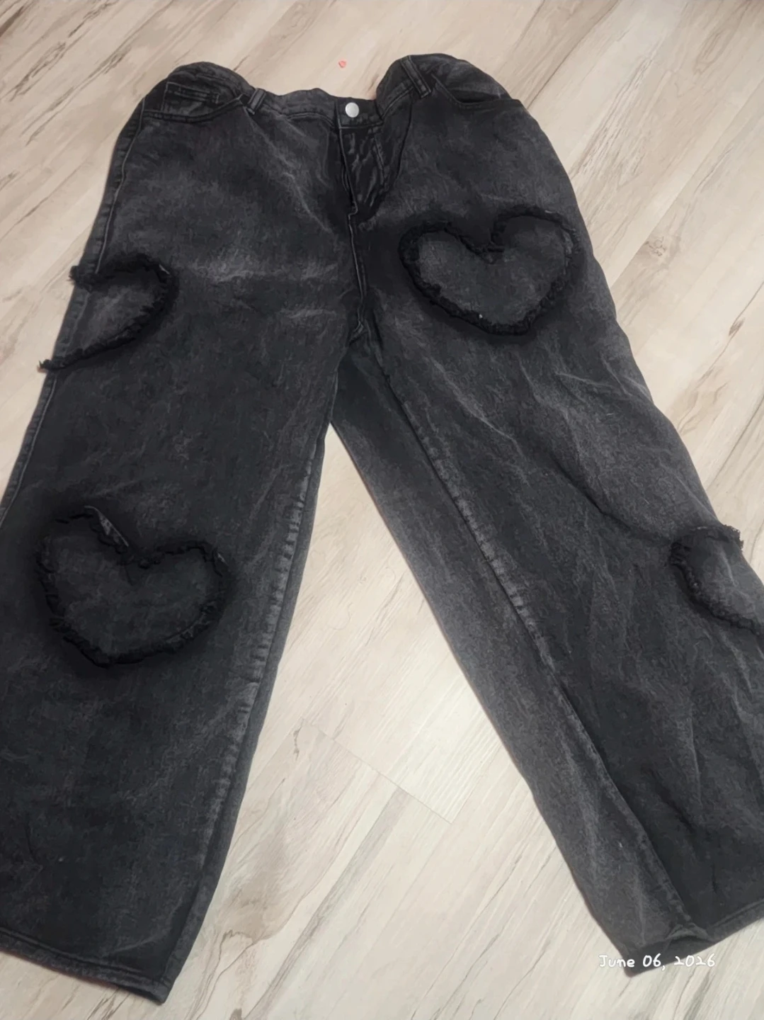 Black Wide Leg Jeans with Heart Appliques