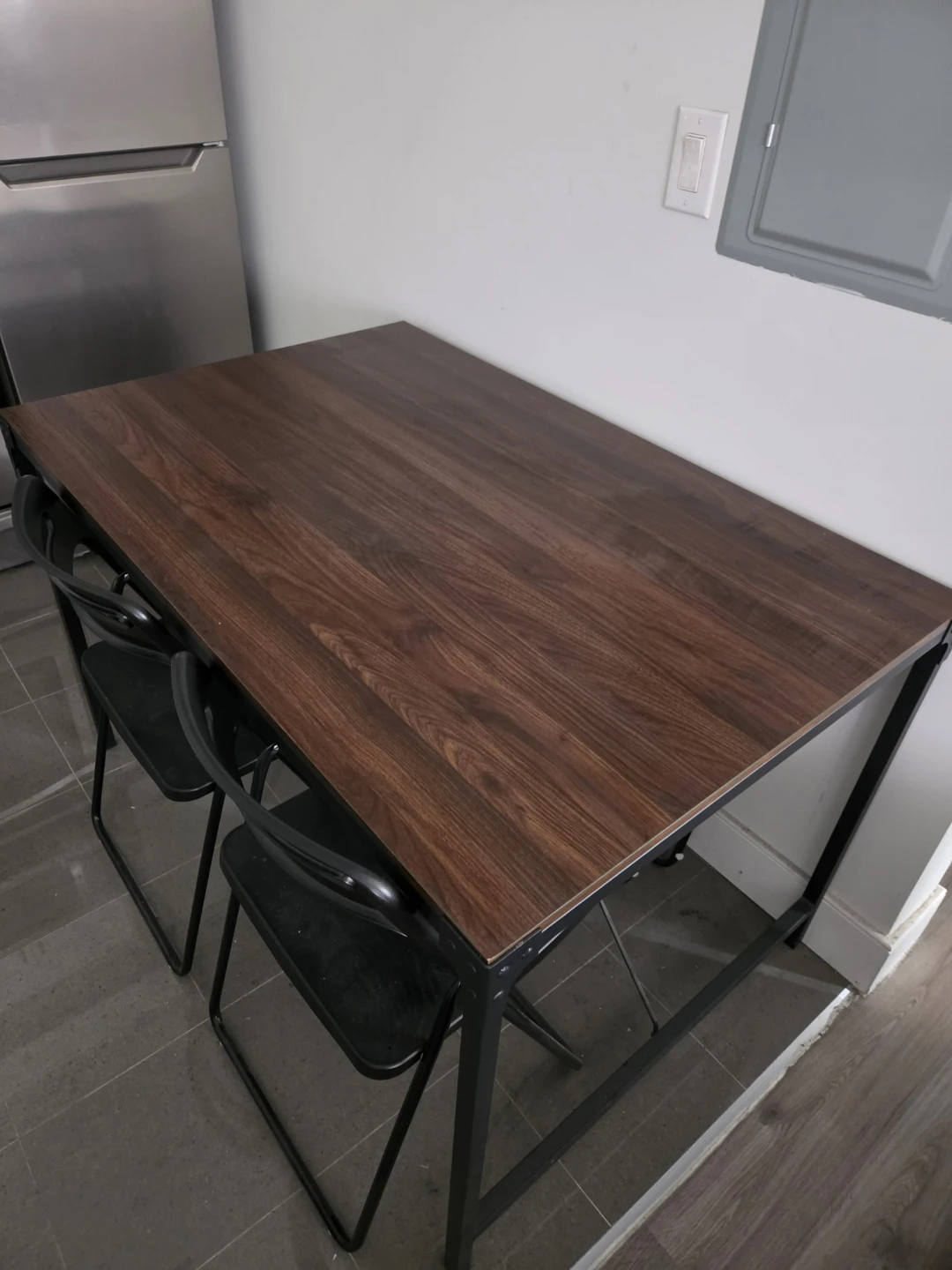 Wood Top Dining Table with 4 Black Chairs