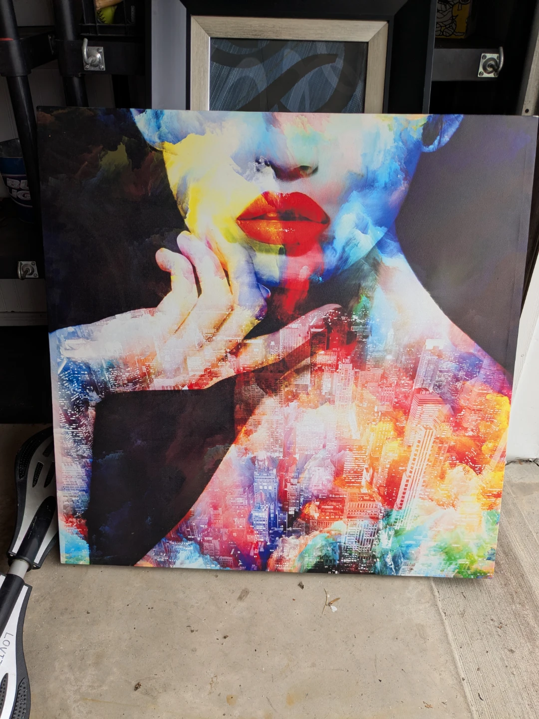 Canvas Wall Art Portrait with Red Lips and Cityscape