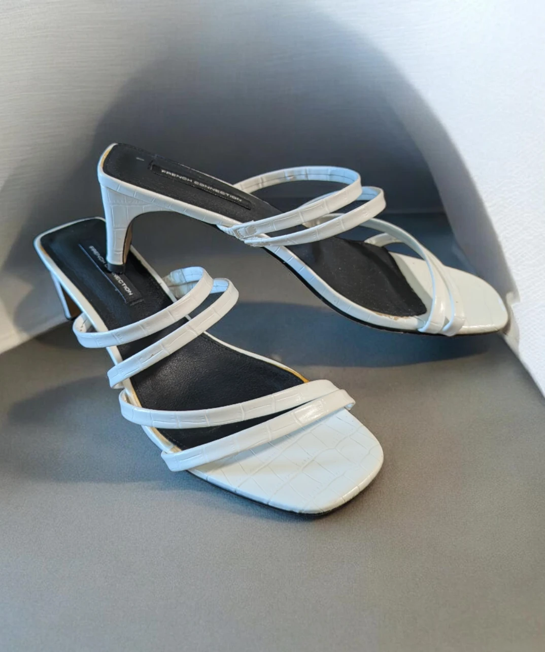 French Connection White Croc-Embossed Strappy Heels