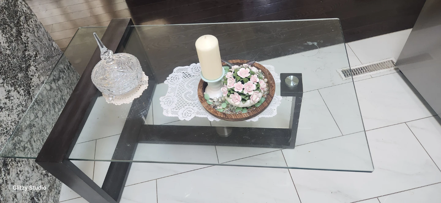 Glass Coffee Table with Dark Wood Frame