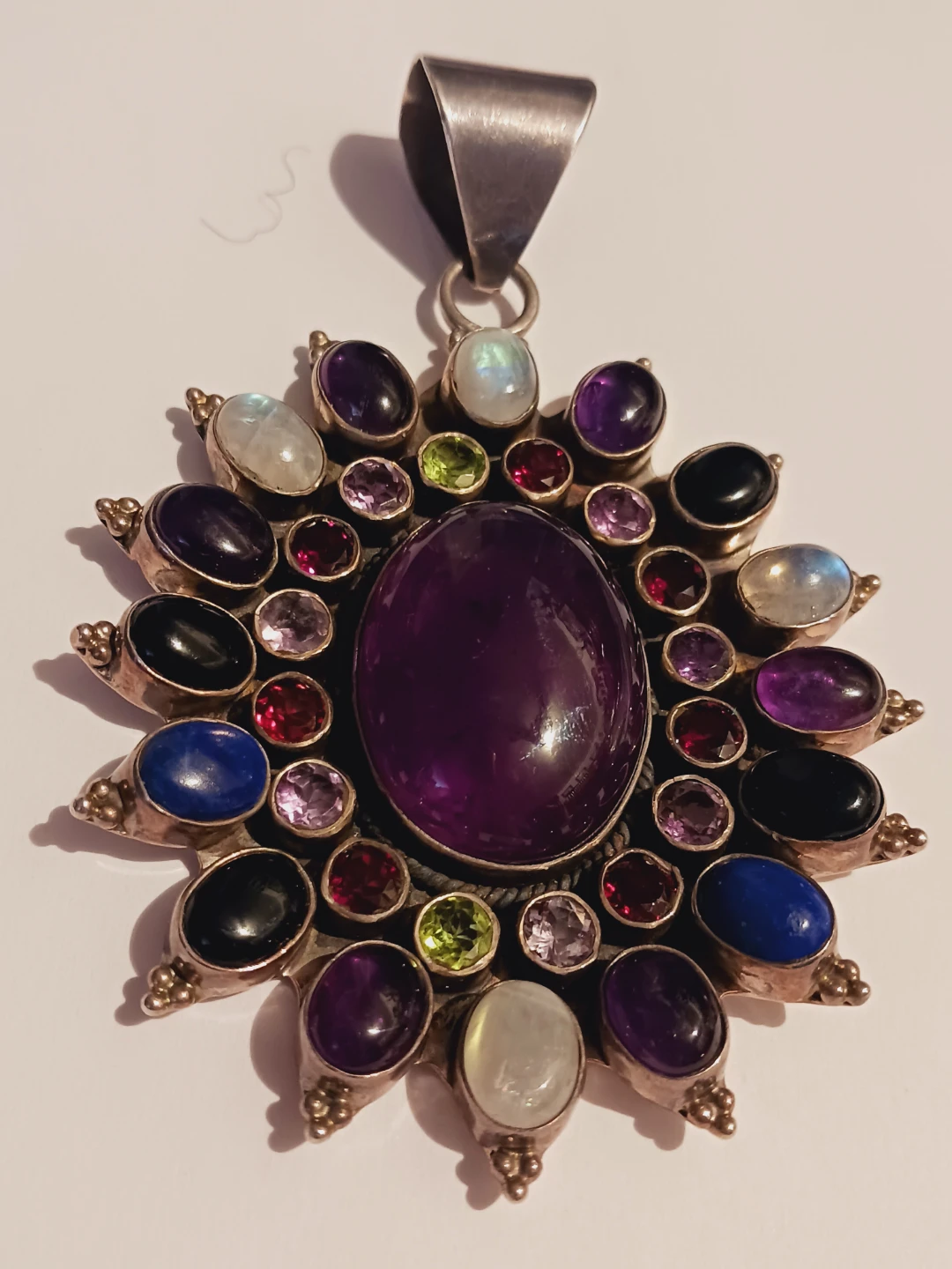 Oversized Sterling Silver 925 Multi-Gemstone Sunburst Pendant