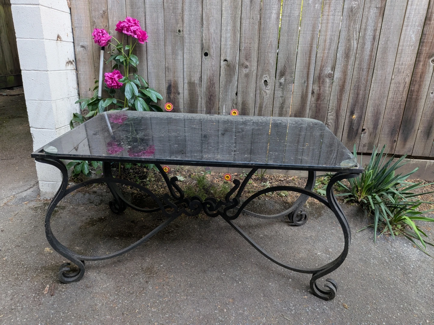 Paul Ferrante Black Glass & Wrought Iron Coffee Table
