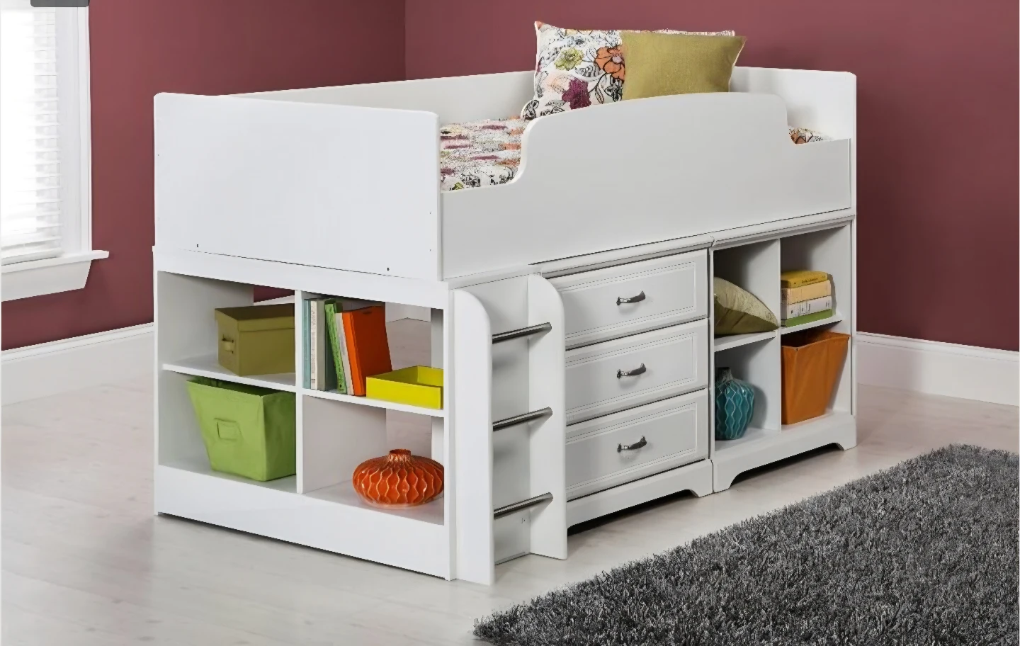 White Twin Loft Bed with Storage Shelves and Drawers