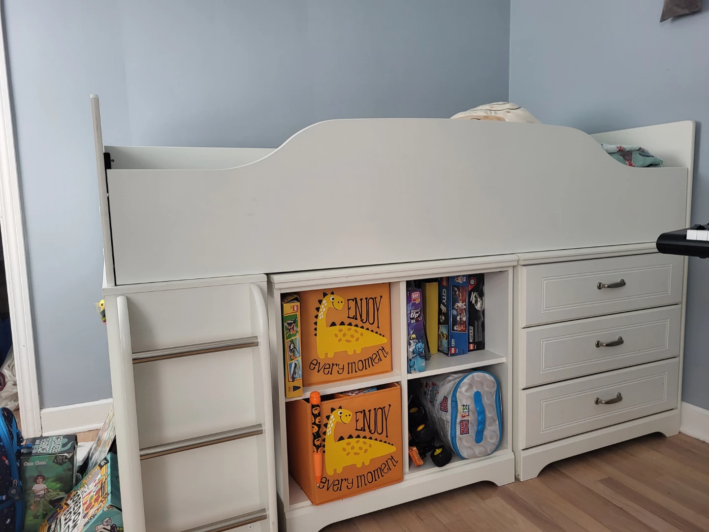 White Twin Loft Bed with Storage Shelves and Drawers - photo 2