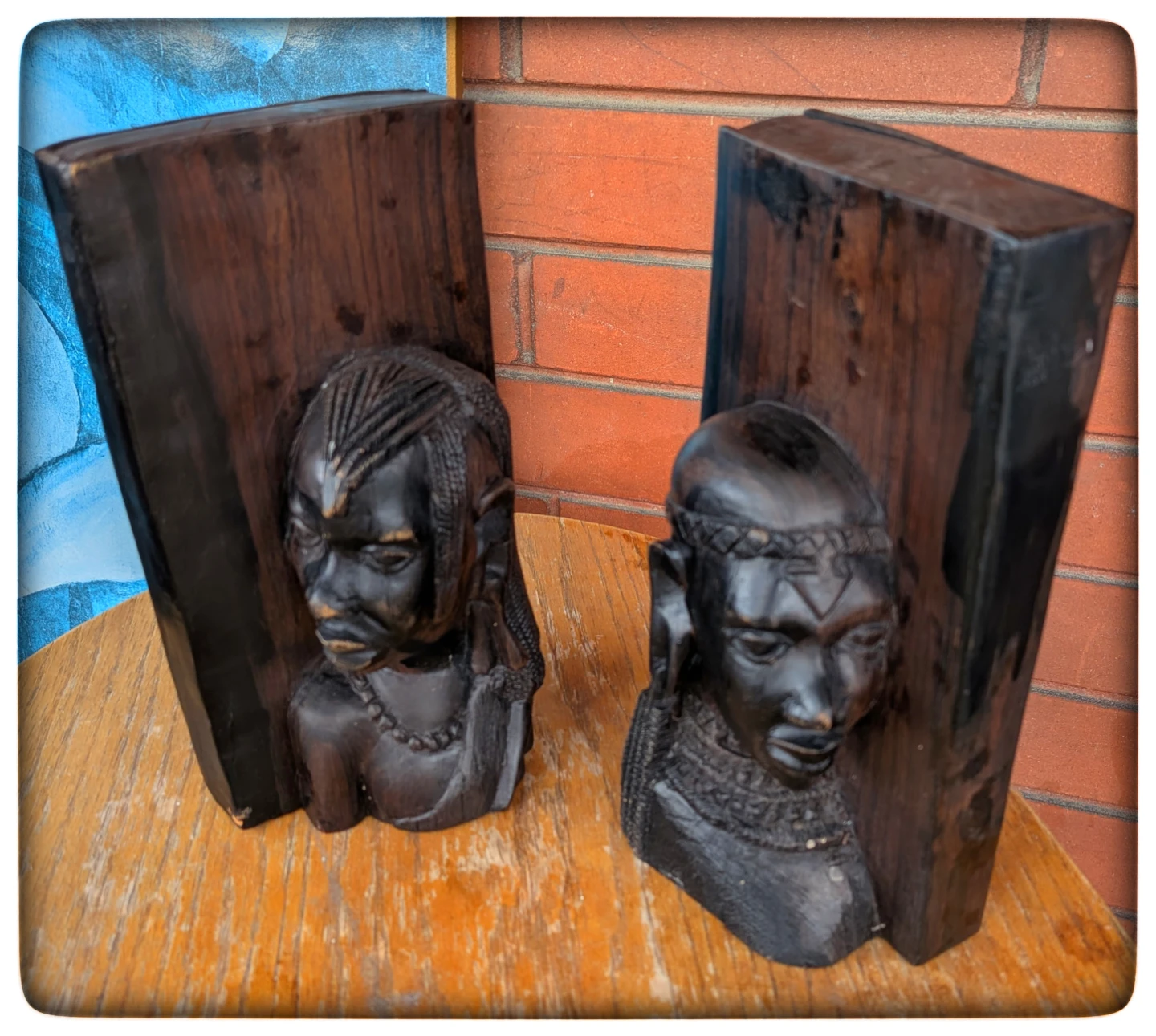 Carved Wooden Bookends with African Figures