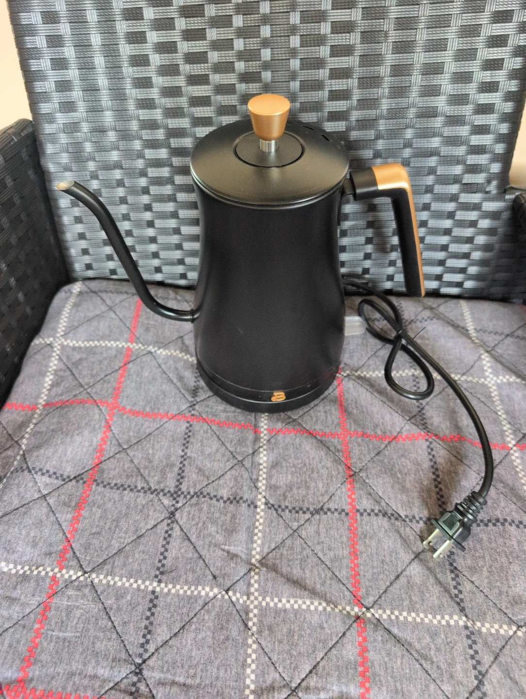 Black Gooseneck Electric Kettle with Gold Accents