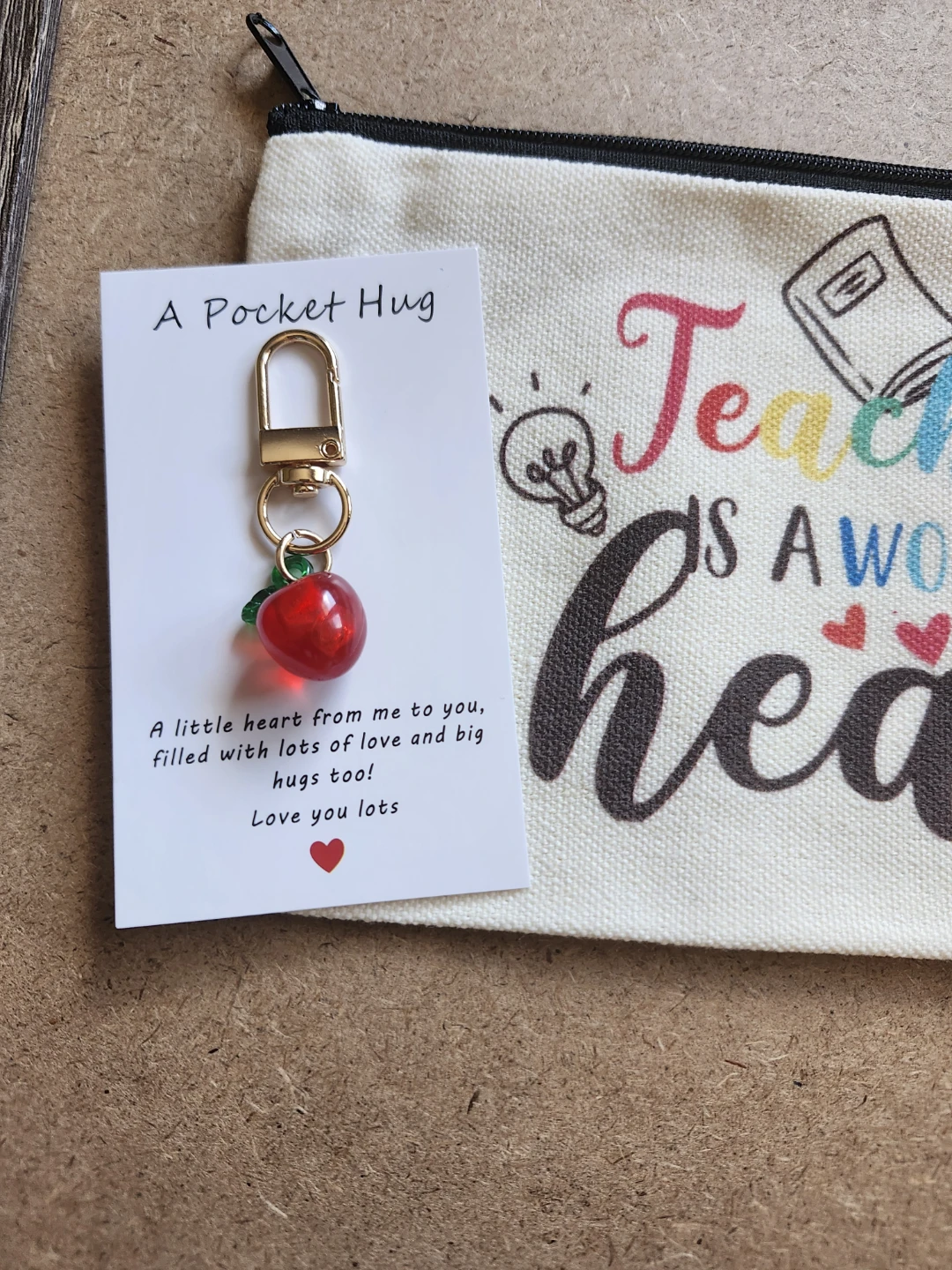 Teacher's Inscription Zipper Bag with Apple Keychains  - $8 - photo 3