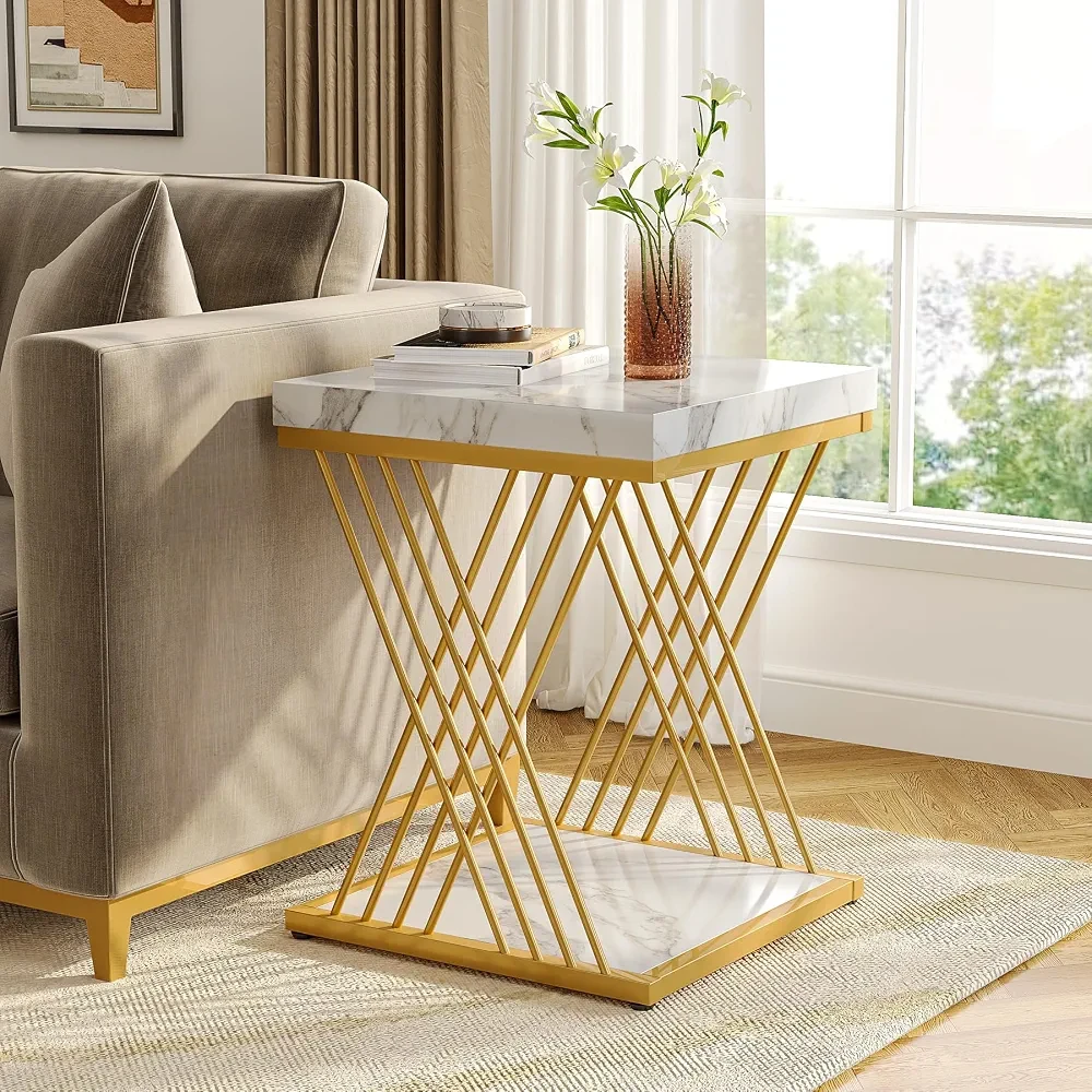Square Side Table White Gold