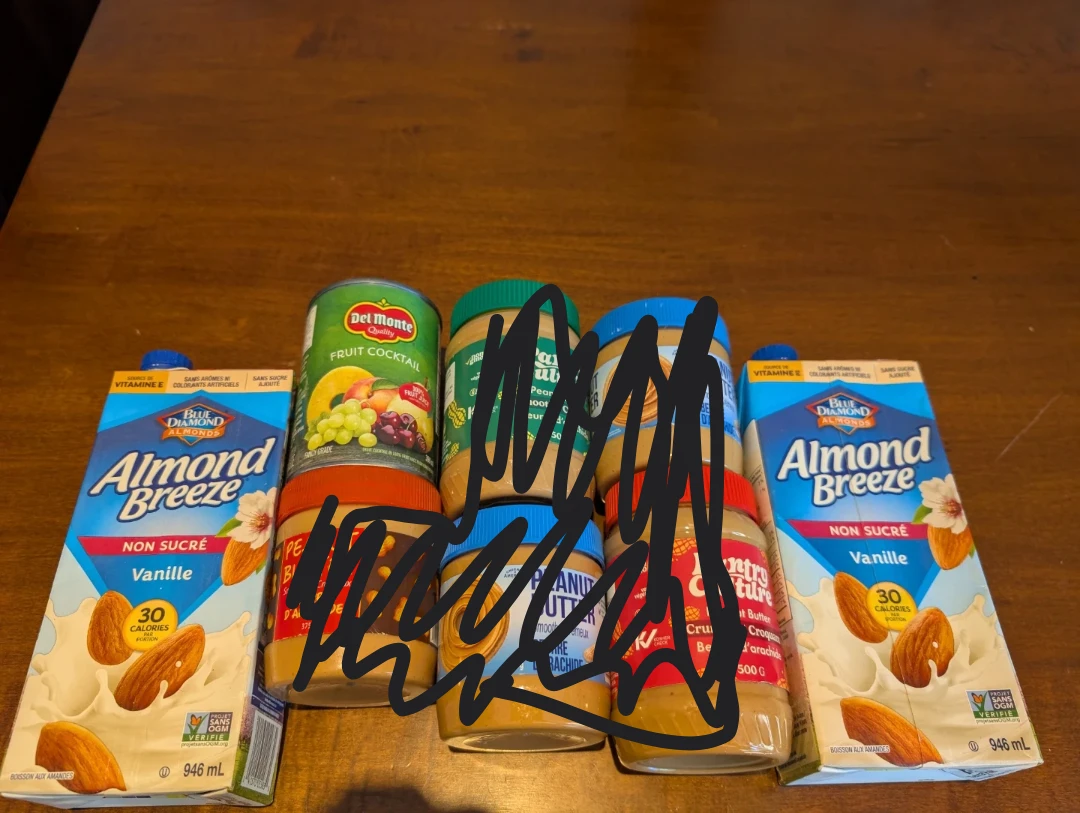 Assorted Pantry: Peanut Butter, Fruit Cocktail & Almond Milk