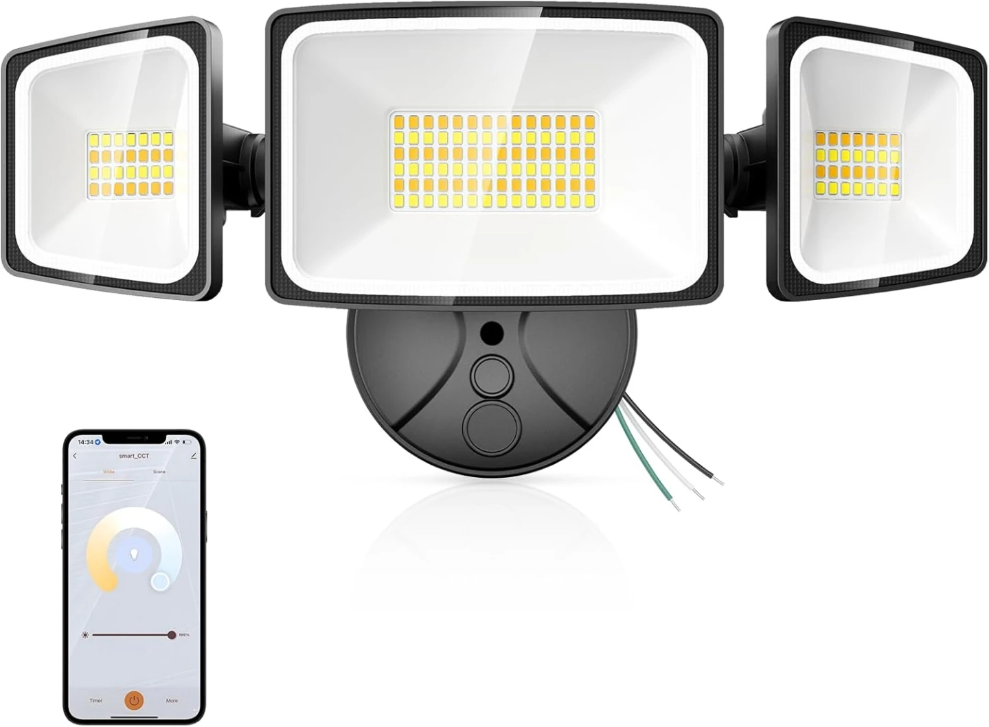 Smart Flood Light Outdoor, 3-Head Hardwired Security Light