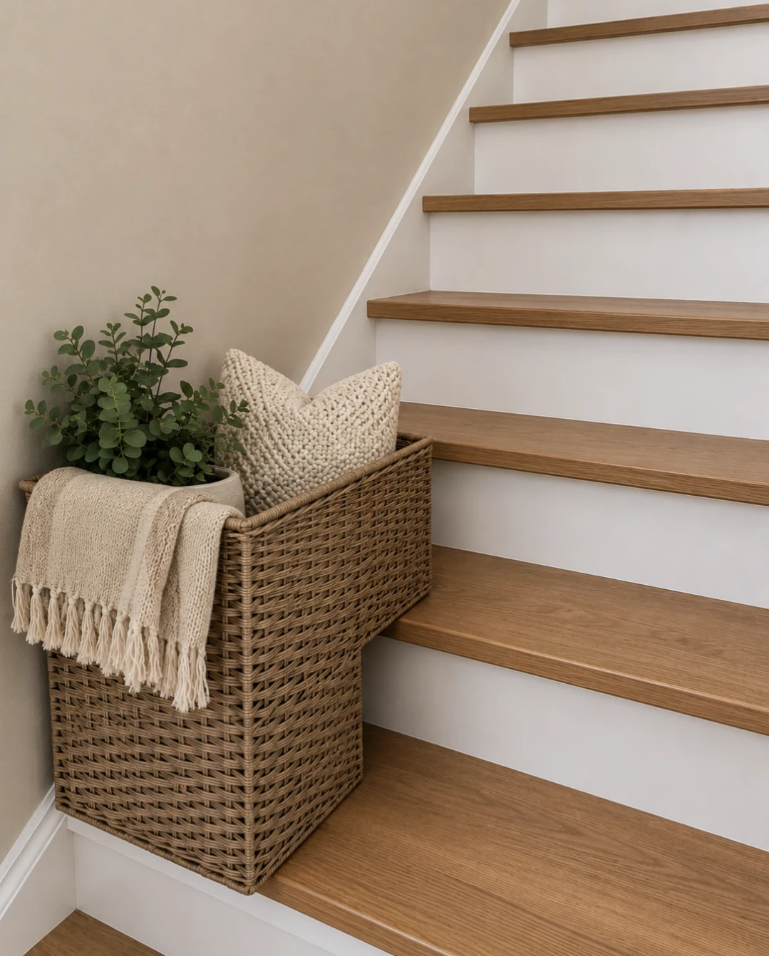 Wicker staircase basket
