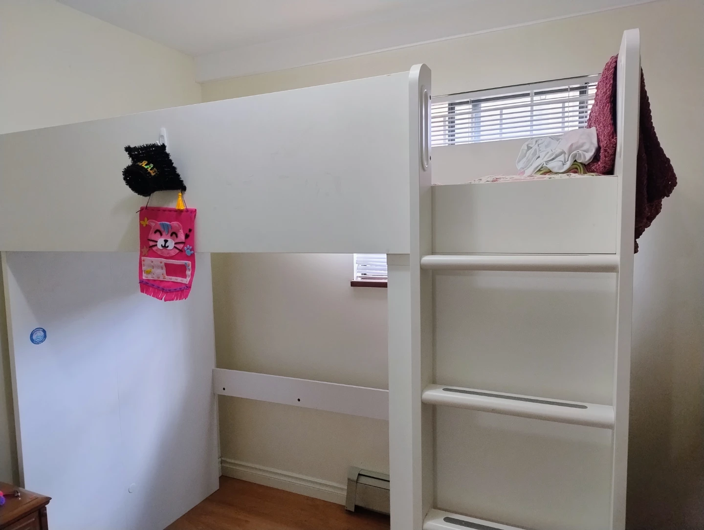 White Loft Bed with Built-in Shelving and Cabinet