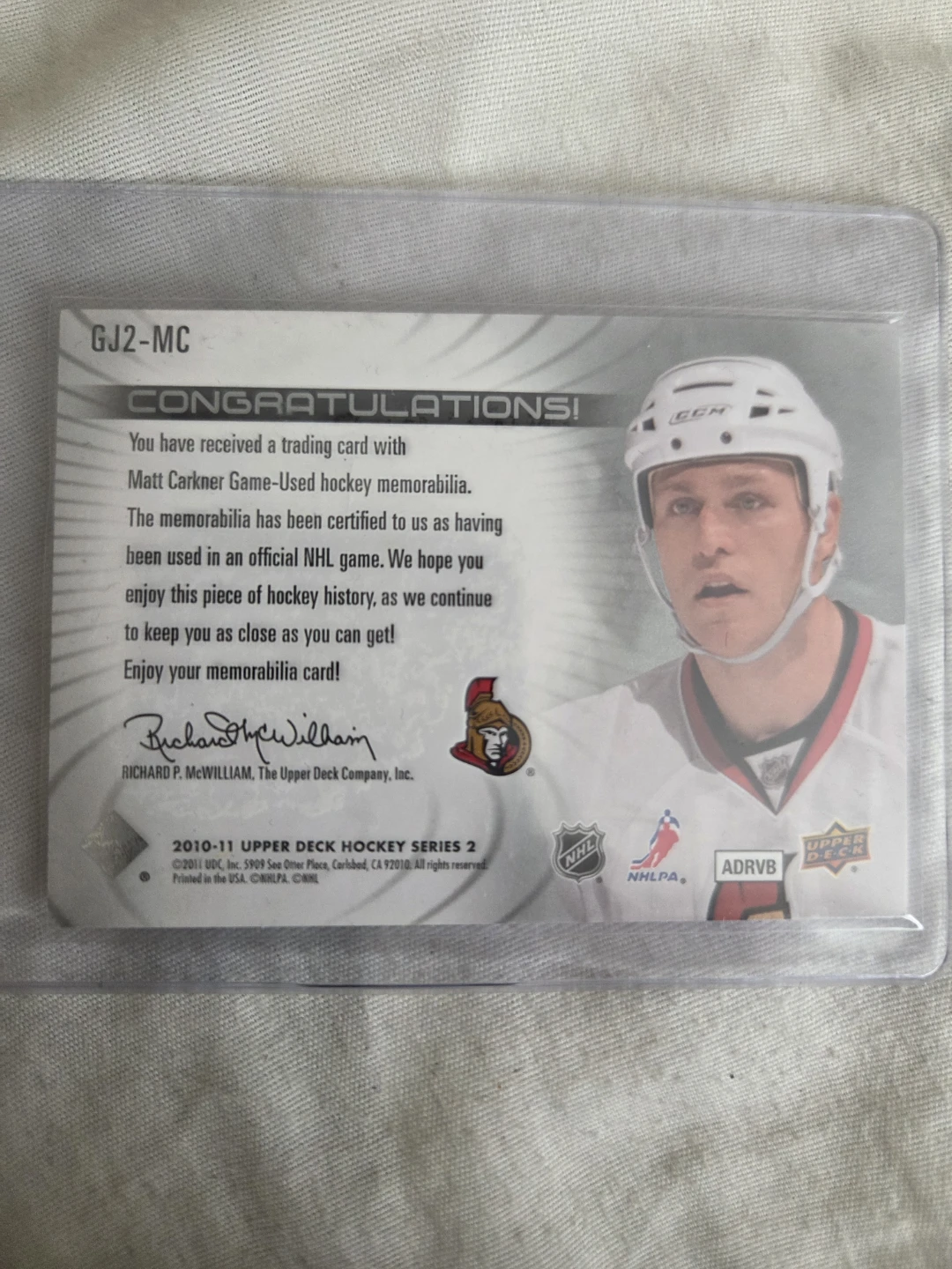 Upper Deck Game Used Jersey Matt Carkner Trading Card - photo 2