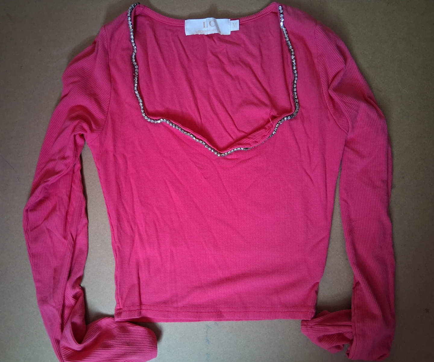 Hot Pink Ribbed Long Sleeve Top with Rhinestone Trim - Size M