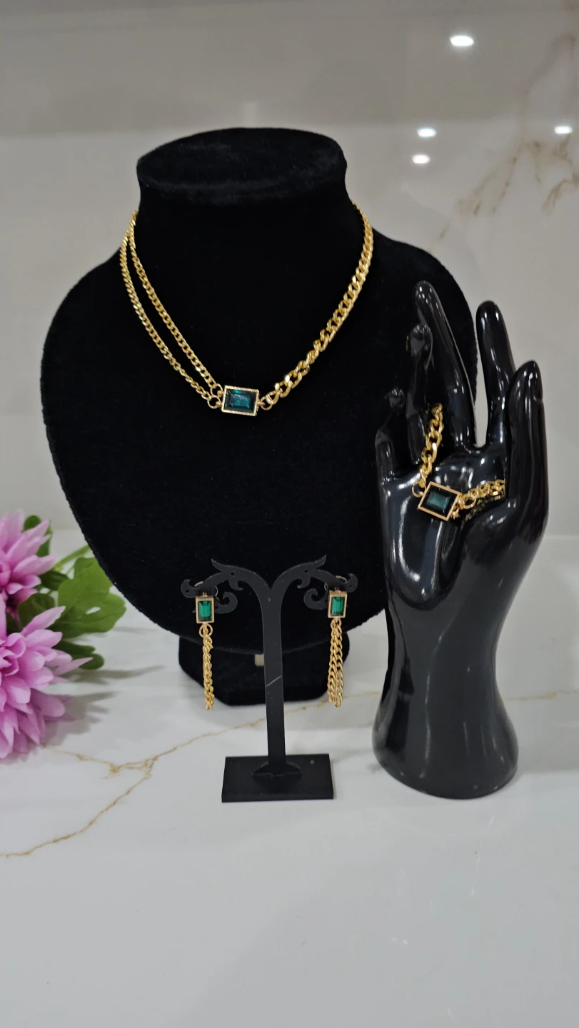 Gold Chain Necklace, Bracelet & Earrings Set with Green Gems