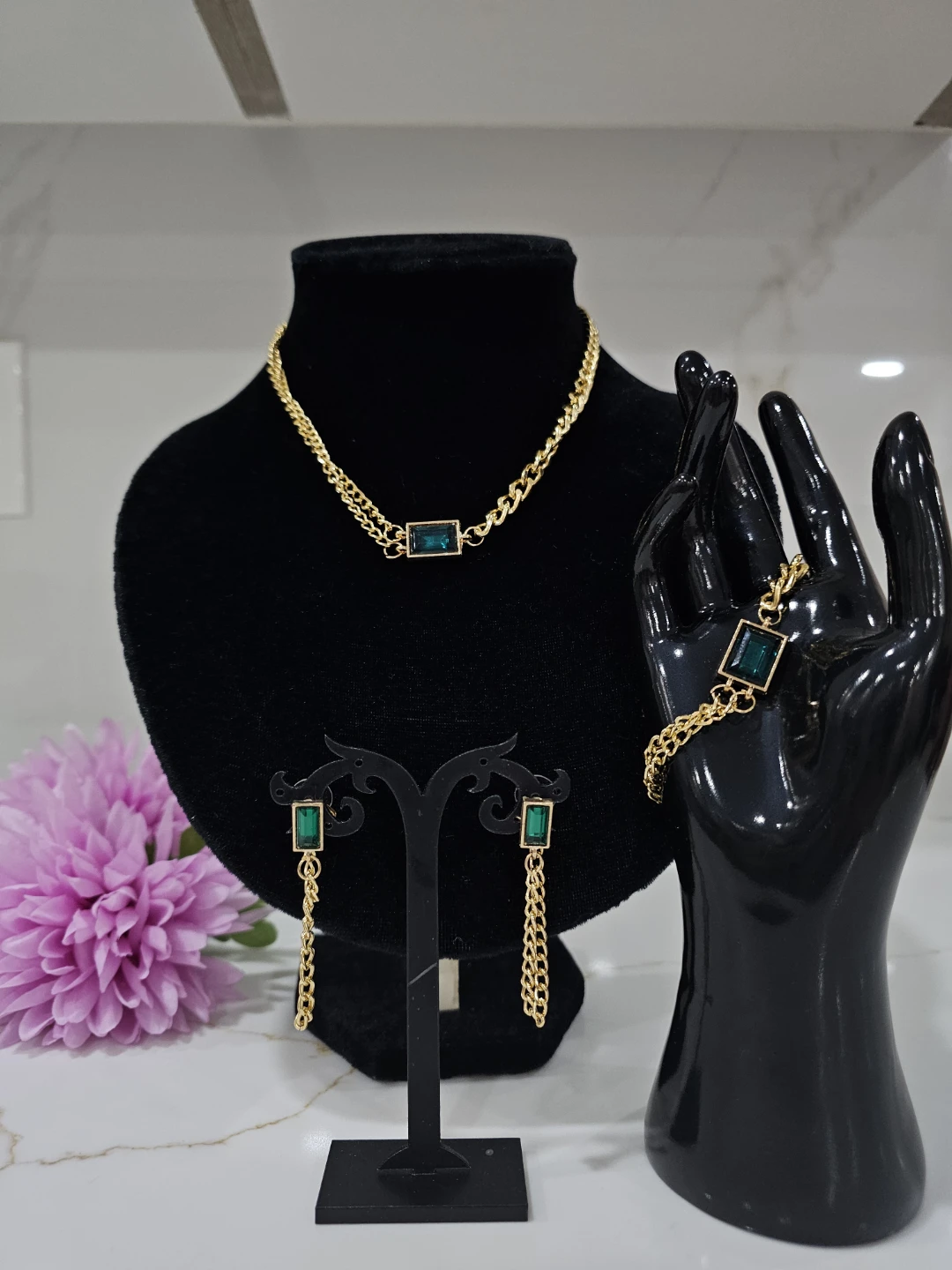 Gold Chain Necklace, Bracelet & Earrings Set with Green Gems - photo 2